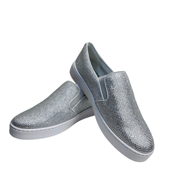 NWB: Michael Kors Keaton Slip-On Sneakers 7 M Silver Crystal Rhinestones Bling - Picture 1 of 11
